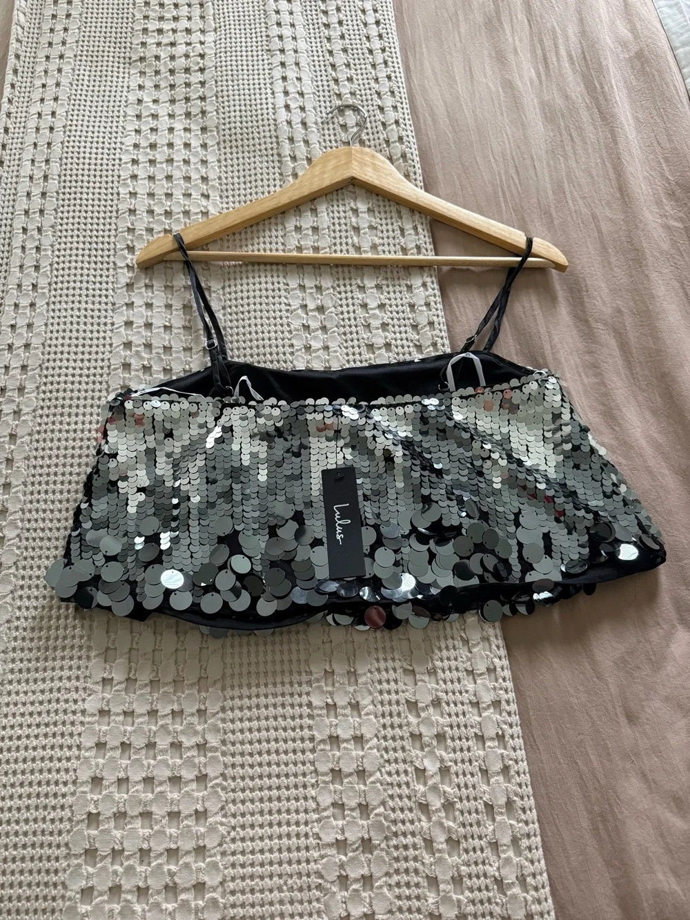NEW Lulu's Silver Sequin Crop Cami with Spaghetti Straps Size M